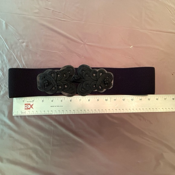 Vintage Black 3” Wide Belt with Ornate Buckle and Stretch Back - Picture 4 of 7